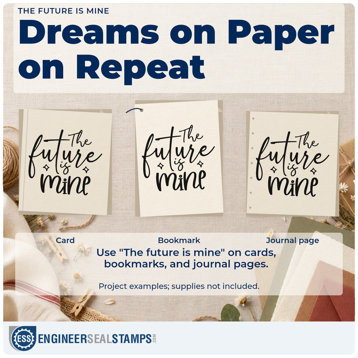 Three project examples made with the The Future Is Mine With Sparkles Wood Handle Stamp, including project plan sheet.