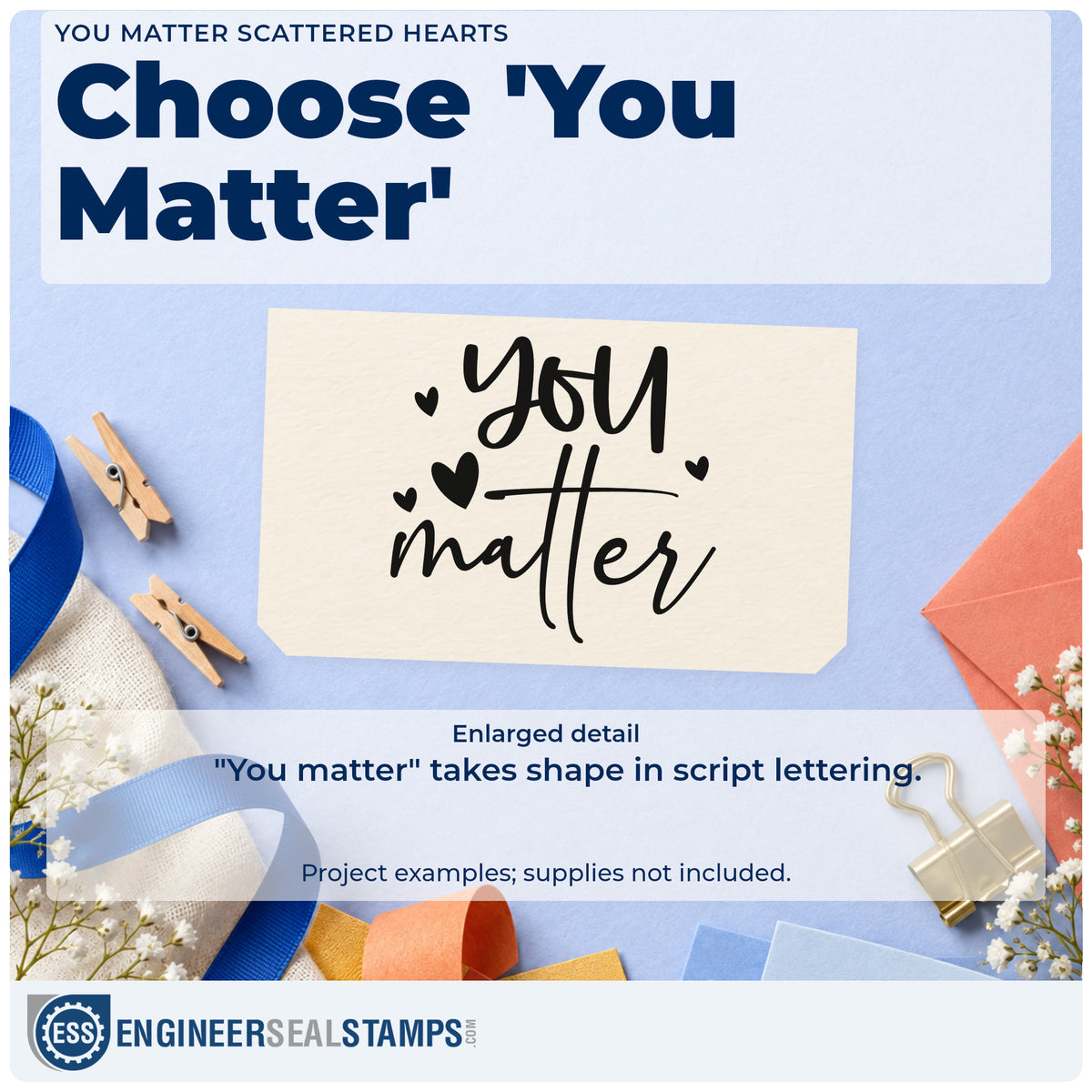 Enlarged detail of the You Matter Scattered Hearts Script Lettering PSI Pre-Inked Stamp imprint. The words "You matter" appear in large casual script surrounded by solid hearts.