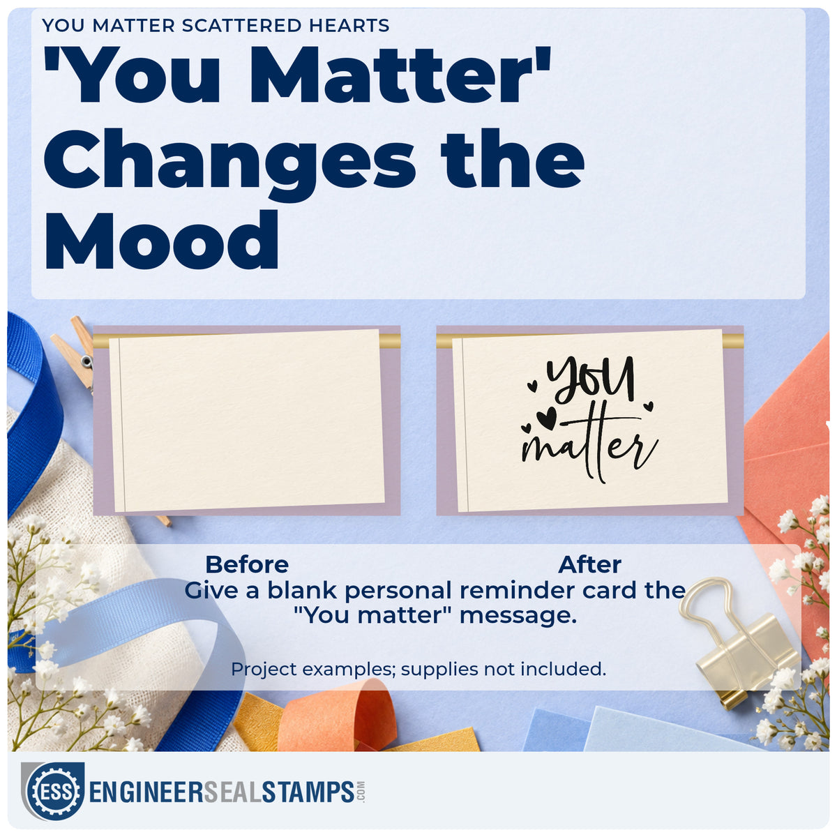 Before and after of a plain item finished with the You Matter Scattered Hearts Script Lettering Premium Wooden Stamp – Vintage Pro, a quick upgrade for framed office corner.