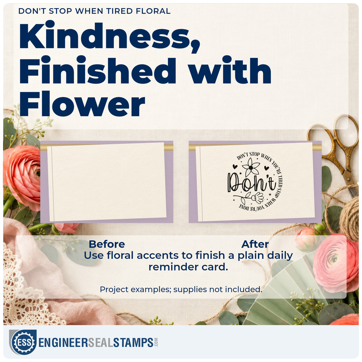 Before and after of a plain item finished with the Two Flowers With Don't Stop Lettering Rubber Stamp – Duo Hand, a quick upgrade for framed carrel wall.