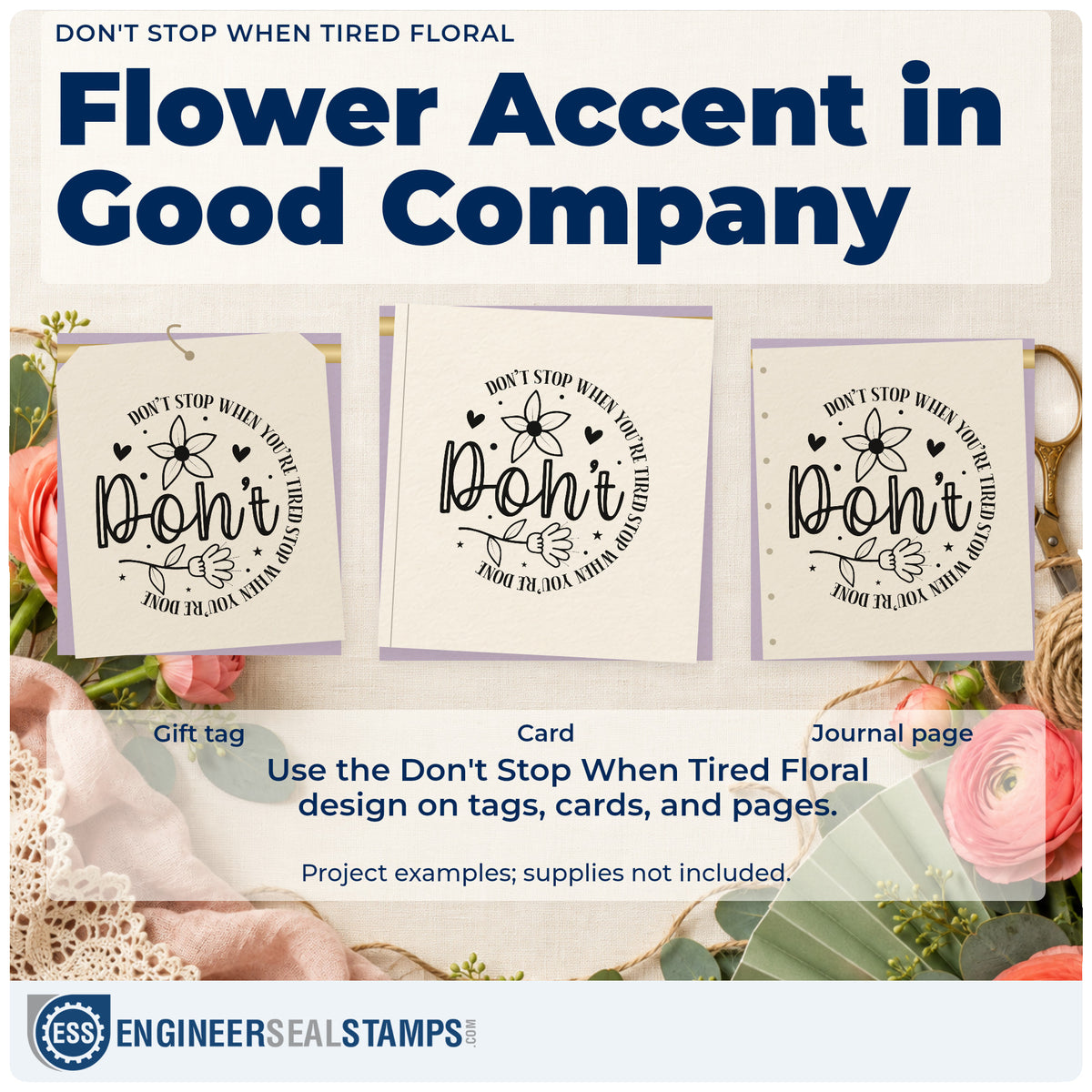 Three project examples made with the Two Flowers With Don't Stop Lettering Rubber Stamp – Duo Hand, including chapter plan sheet.