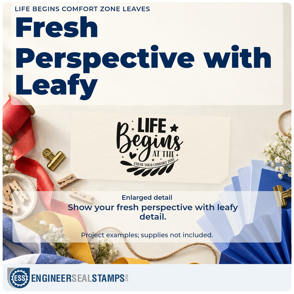 Enlarged detail of the Life Begins At The End Of Your Comfort Zone Self-Inking Stamp imprint. The phrase "Life begins at the end of your comfort zone" appears with stars, hearts, and a leafy branch.