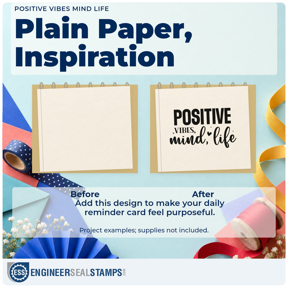 Before and after of a plain item finished with the Duo Hand Positive Vibes, Mind, Life With Hearts Rubber Stamp, a quick upgrade for framed order window.