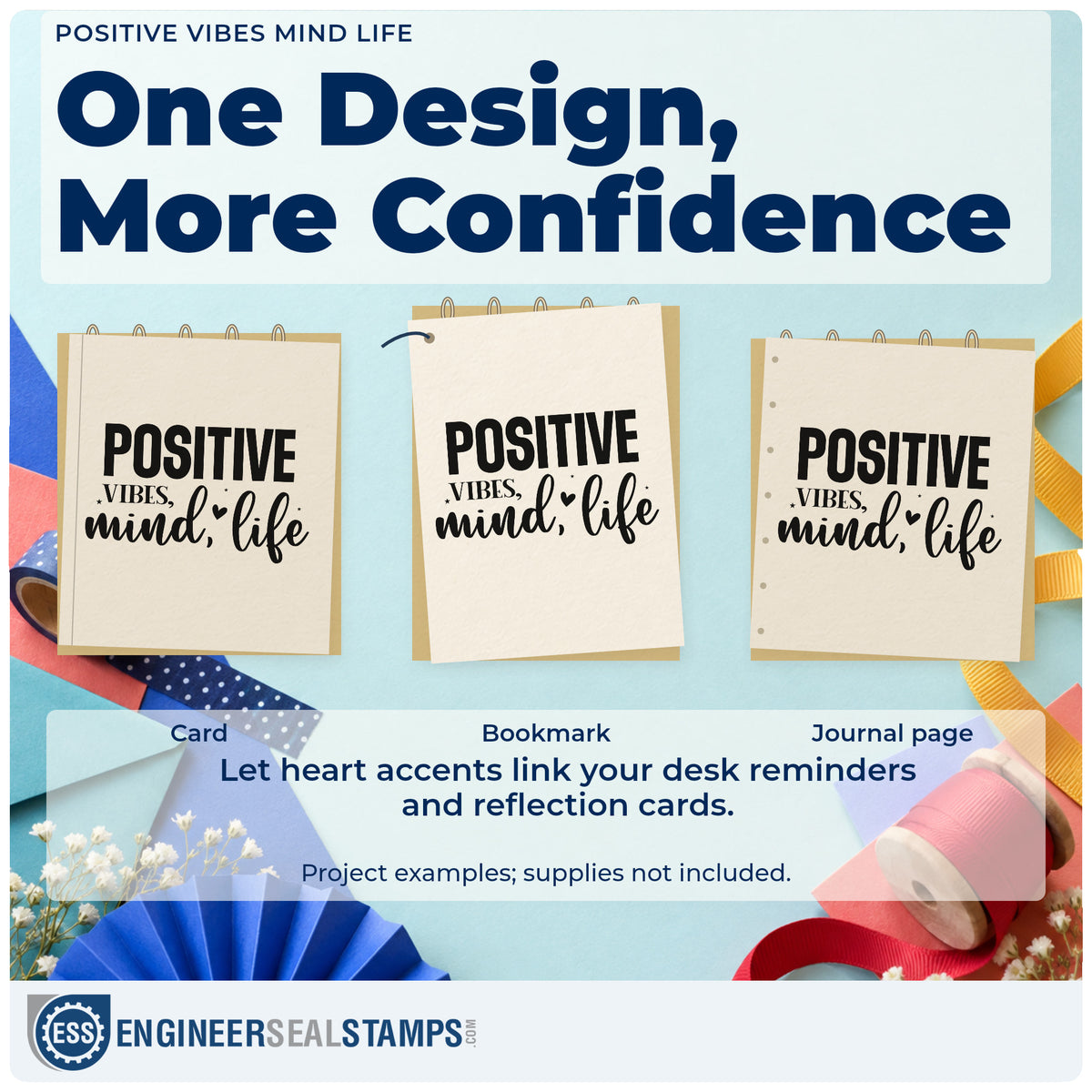 Three project examples made with the Duo Hand Positive Vibes, Mind, Life With Hearts Rubber Stamp, including prep batch sheet.