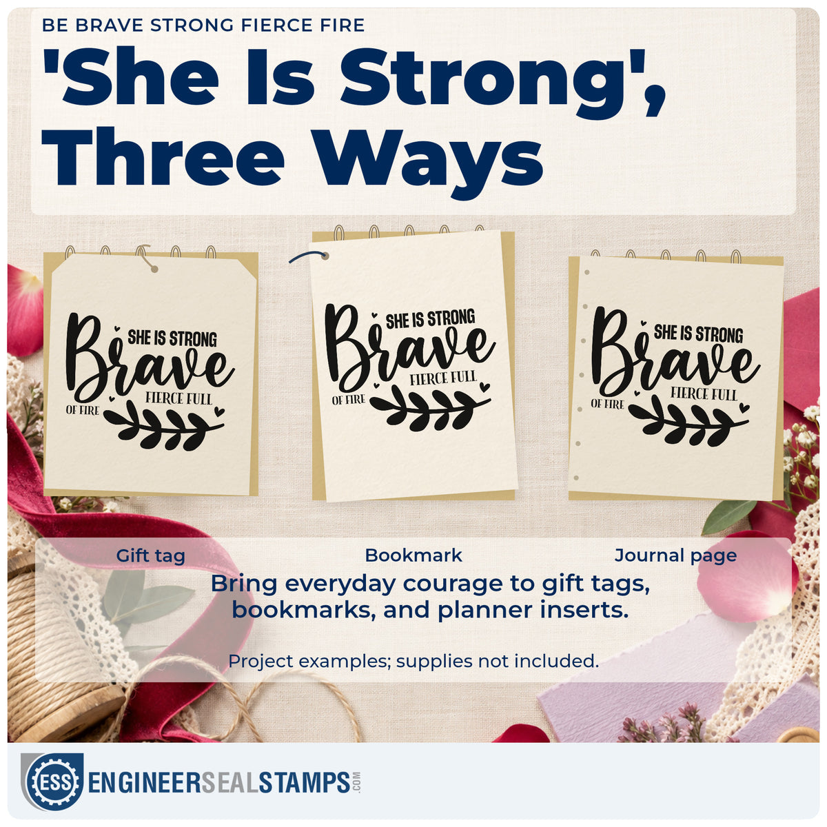 Three project examples made with the Be Brave Strong Fierce Fire Stamp – Self-Inking, including match result sheet.
