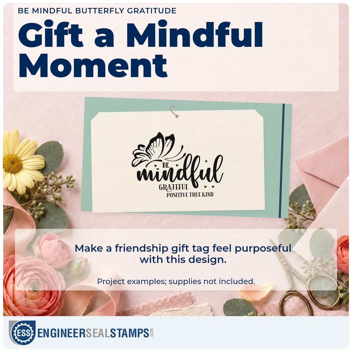 A finished handmade project stamped with the Be Mindful Butterfly Gratitude Self-Inking Stamp, ideal for calm corner album page.