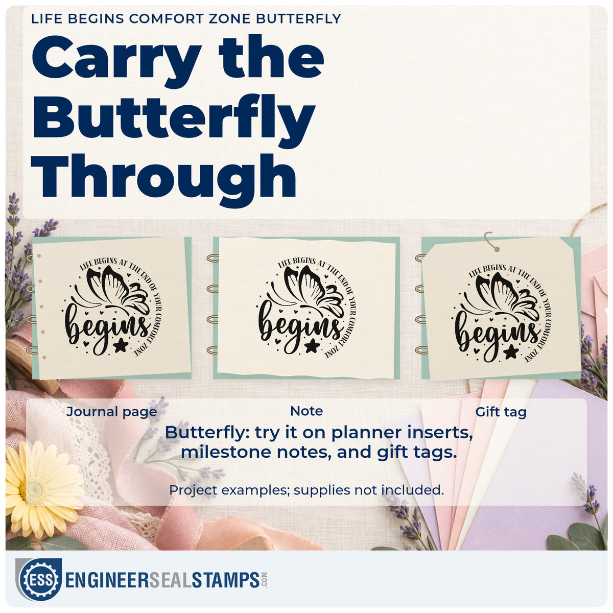 Three project examples made with the Life Begins Comfort Zone Butterfly With Stars Rubber Stamp – Wood Handle, including skill drill sheet.