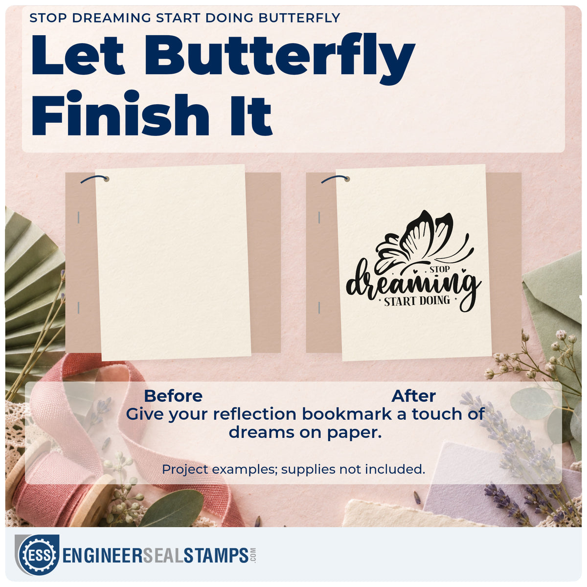 Before and after of a plain item finished with the Duo Hand Stop Dreaming Start Doing Butterfly Lettering Rubber Stamp, a quick upgrade for framed test kitchen.