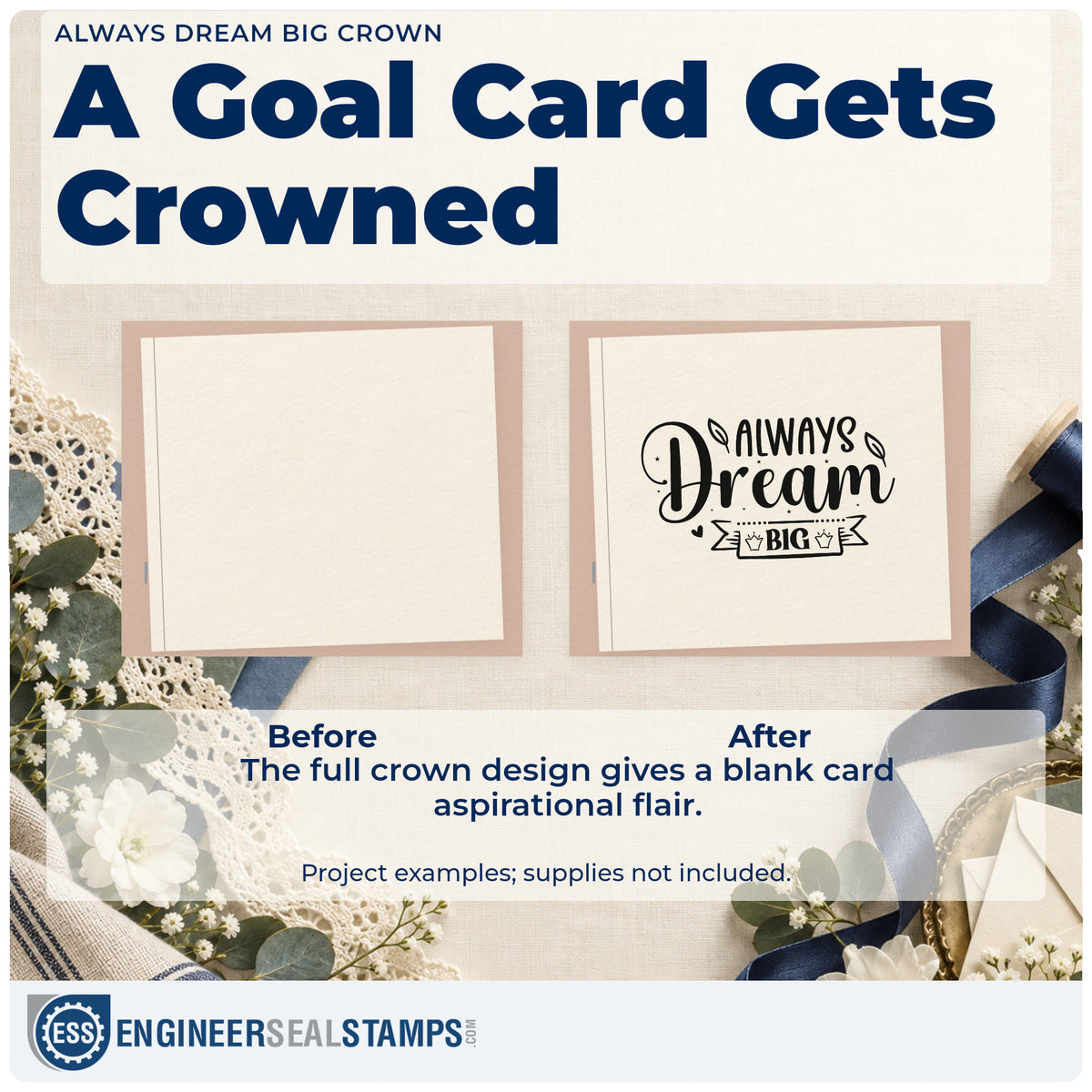 Before and after of a plain item finished with the Two Crown Ribbon Always Dream Big Premium Wood-Mounted Stamp – Vintage Pro, a quick upgrade for framed bedroom shelf.