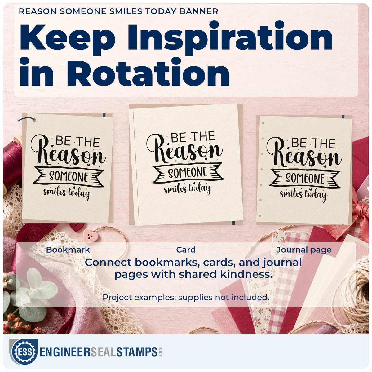 Three project examples made with the Be The Reason Someone Smiles Today Premium Wood-Mounted Stamp – Vintage Pro, including roster swap sheet.