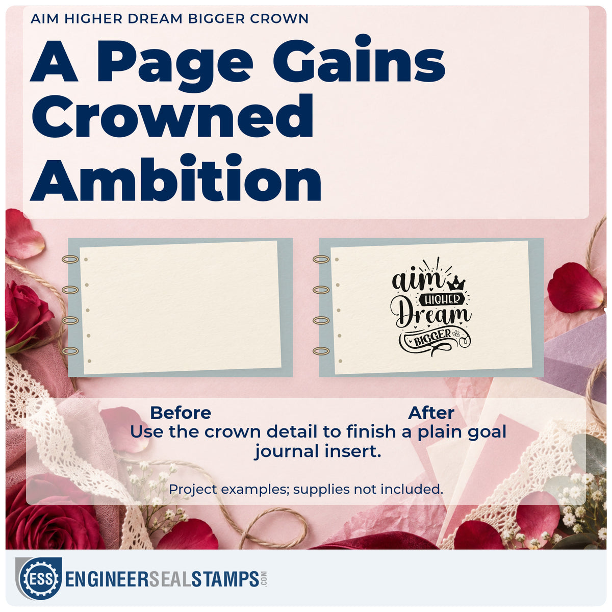 Before and after of a plain item finished with the Aim Higher Dream Bigger Crown With Hearts Rubber Stamp – Duo Hand, a quick upgrade for framed gym tunnel.