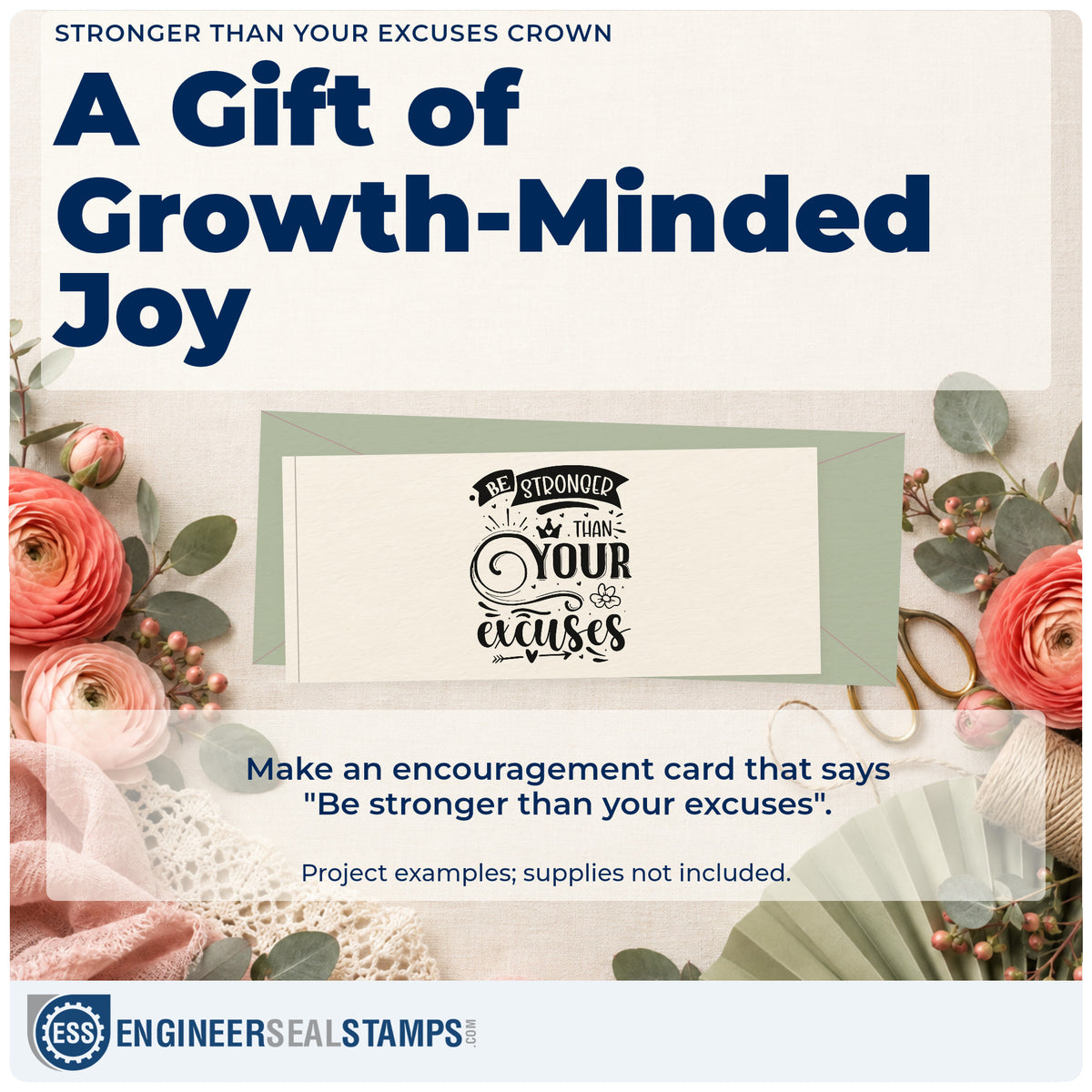 A finished handmade project stamped with the Stronger Than Your Excuses Crown Stamp – Self-Inking, ideal for agility album page.