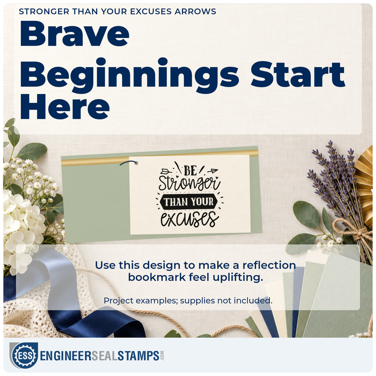 A finished handmade project stamped with the Stronger Than Your Excuses Arrows Ribbon Lettering Slim Pre-Inked Stamp, ideal for trail album page.