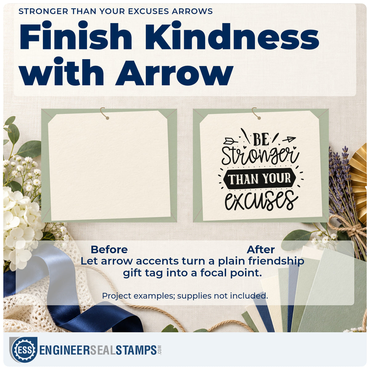 Before and after of a plain item finished with the Stronger Than Your Excuses Arrows Ribbon Lettering Stamp – PSI Pre-Inked, a quick upgrade for framed boot room.