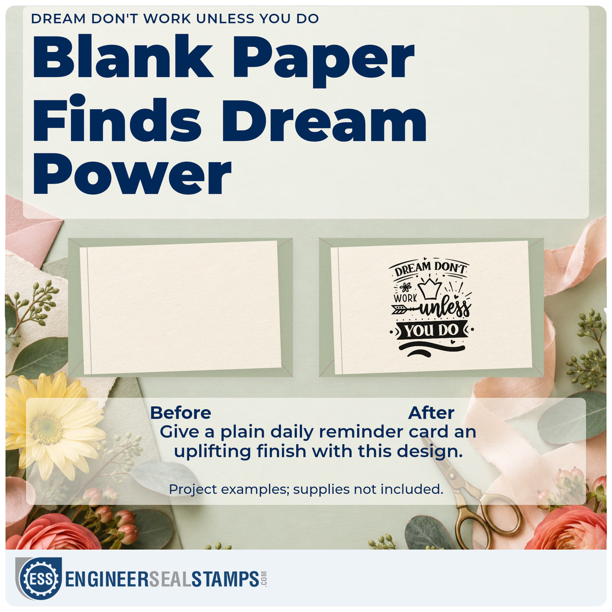 Before and after of a plain item finished with the Dream Don't Work Unless You Do Floral Accents Pre-Inked Stamp – Slim, a quick upgrade for framed flight school.