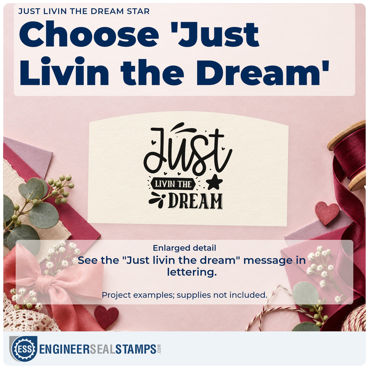 Enlarged detail of the Just Livin The Dream Star PSI Pre-Inked Stamp imprint. The words "Just livin the dream" appear with a dark banner, solid star, hearts, and splash accents.