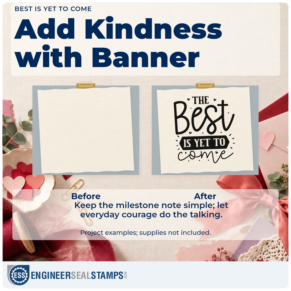 Before and after of a plain item finished with the The Best Is Yet To Come With Hearts Compact Pre-Inked Stamp – Slim, a quick upgrade for framed welcome table.
