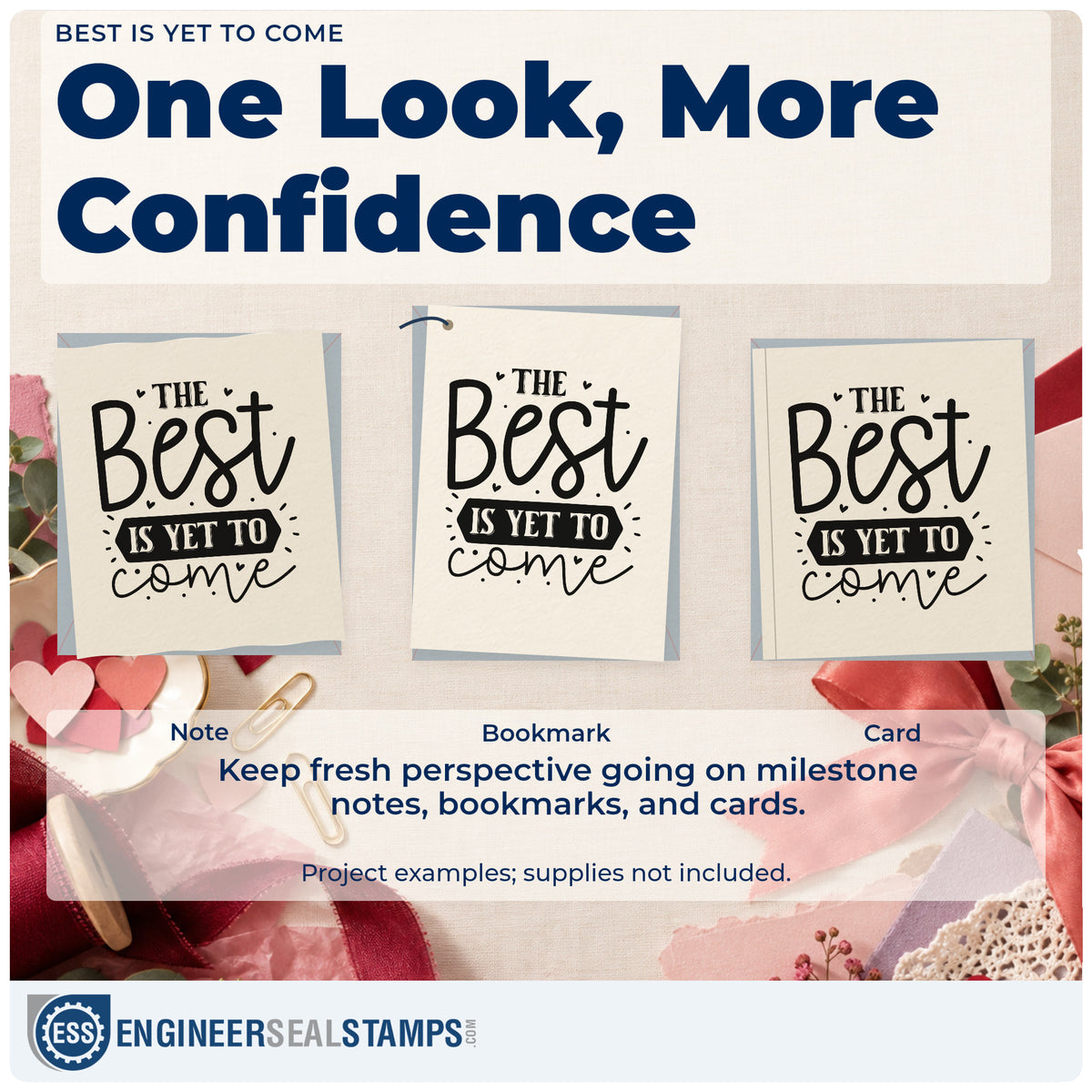 Three project examples made with the The Best Is Yet To Come With Hearts PSI Pre-Inked Stamp, including gift log sheet.