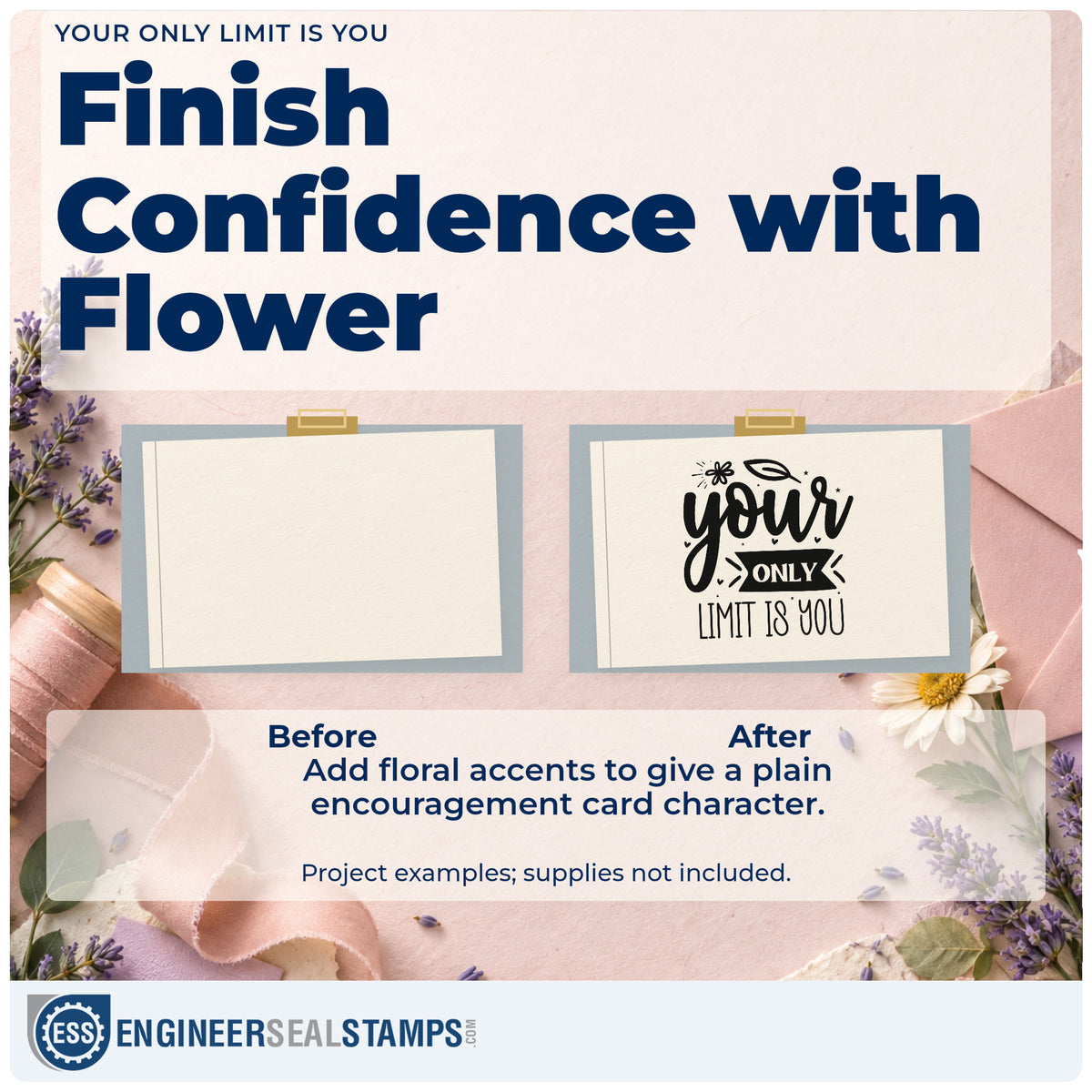 Before and after of a plain item finished with the Your Only Limit Is You Floral Accents Pre-Inked Stamp – Slim, a quick upgrade for framed practice room.