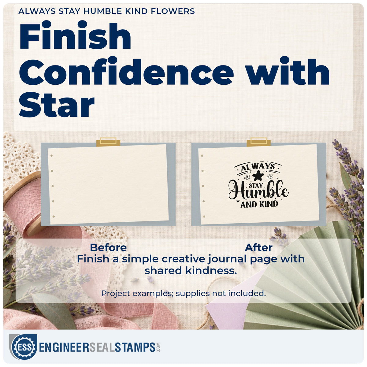 Before and after of a plain item finished with the Always Stay Humble And Kind Floral Accents Pre-Inked Stamp – PSI, a quick upgrade for framed tack room.