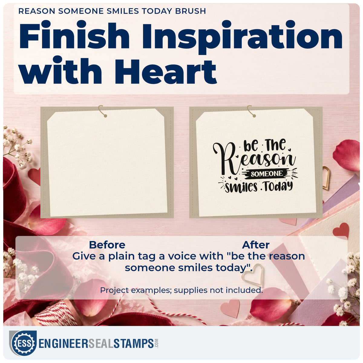 Before and after of a plain item finished with the Duo Hand Reason Someone Smiles Today Brush With Hearts Rubber Stamp, a quick upgrade for framed meeting hall.
