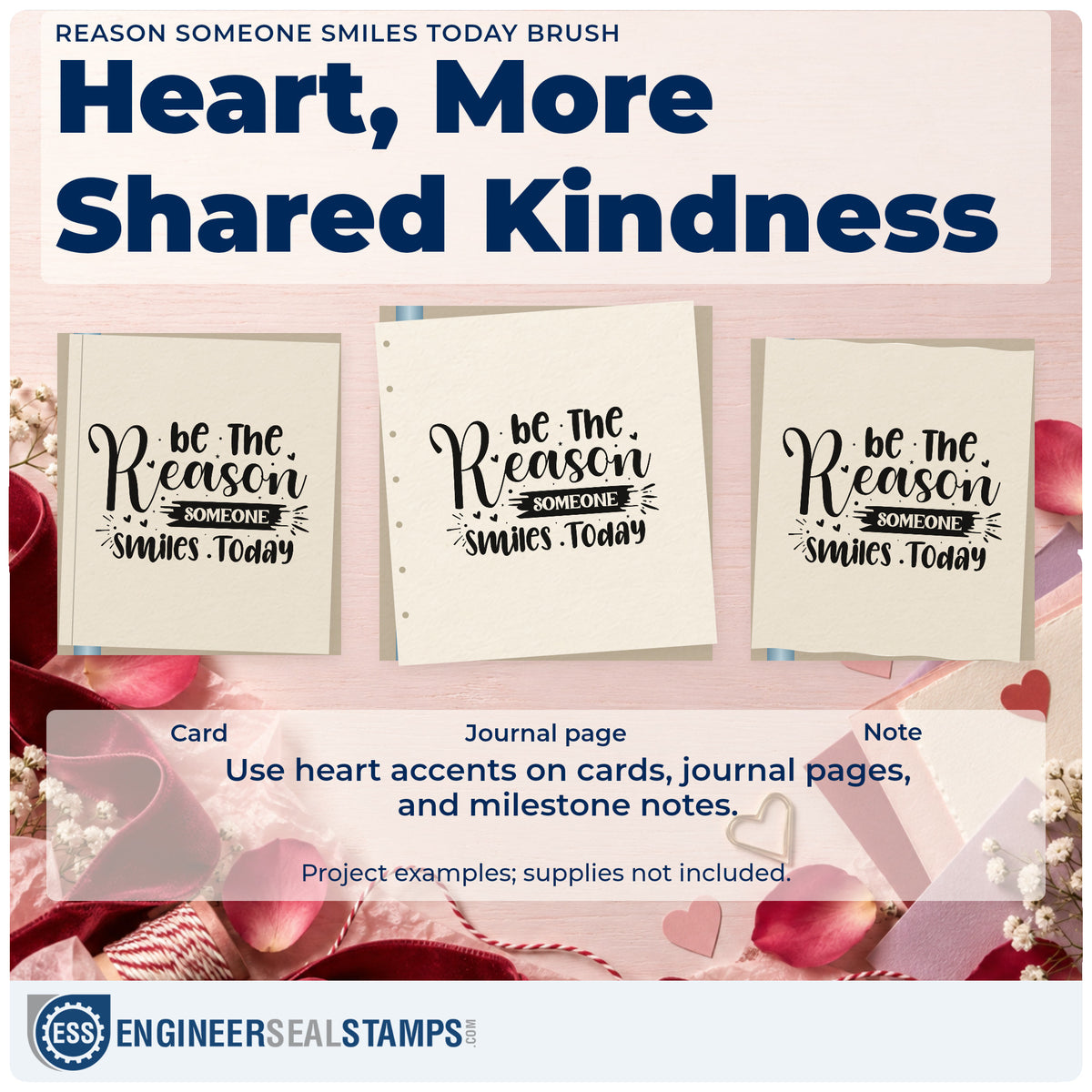 Three project examples made with the Reason Someone Smiles Today Brush With Hearts Slim Pre-Inked Stamp, including mailing count sheet.