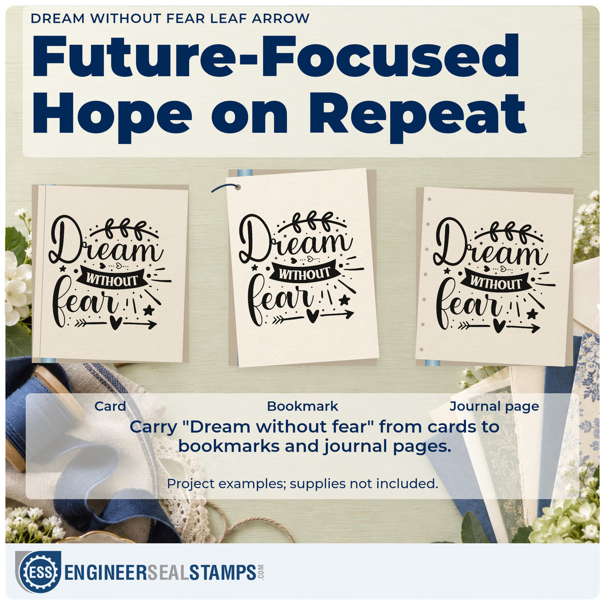 Three project examples made with the Vintage Pro Dream Without Fear Leaf Arrow Premium Wooden Stamp, including word drill sheet.