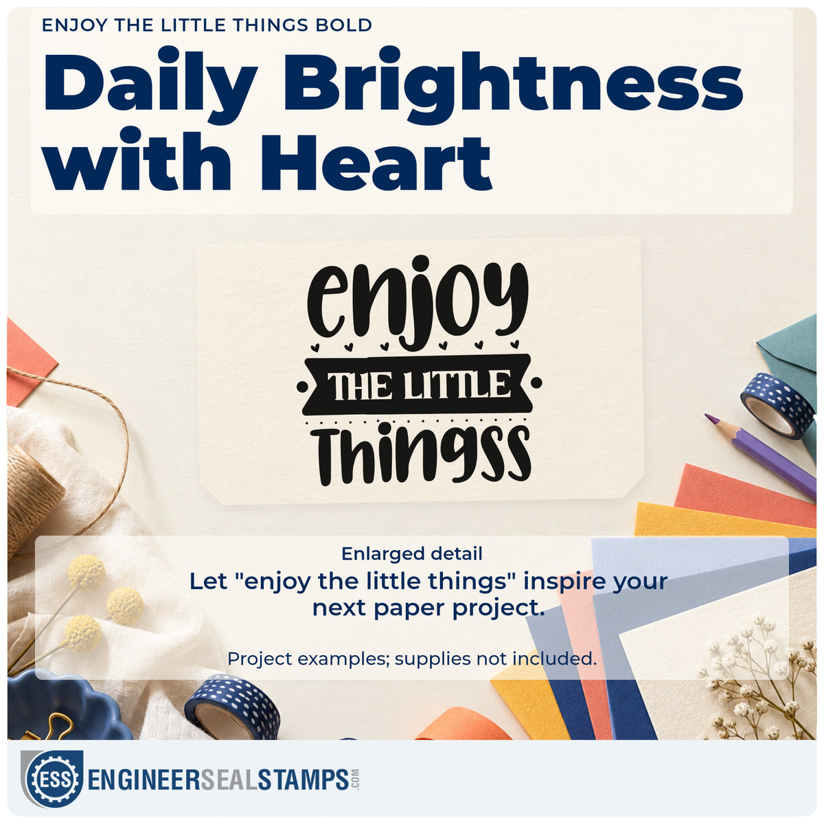 Enlarged detail of the Enjoy The Little Things Premium Wooden Stamp – Vintage Pro imprint. The phrase "enjoy the little things" appears in heavy lettering with tiny hearts, dots, and a dark banner.
