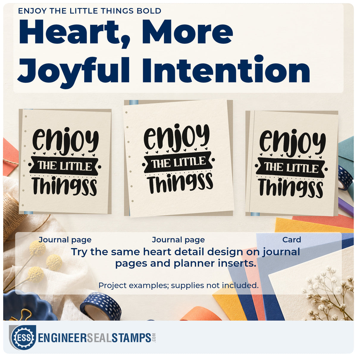 Three project examples made with the Enjoy The Little Things Premium Wooden Stamp – Vintage Pro, including want list sheet.
