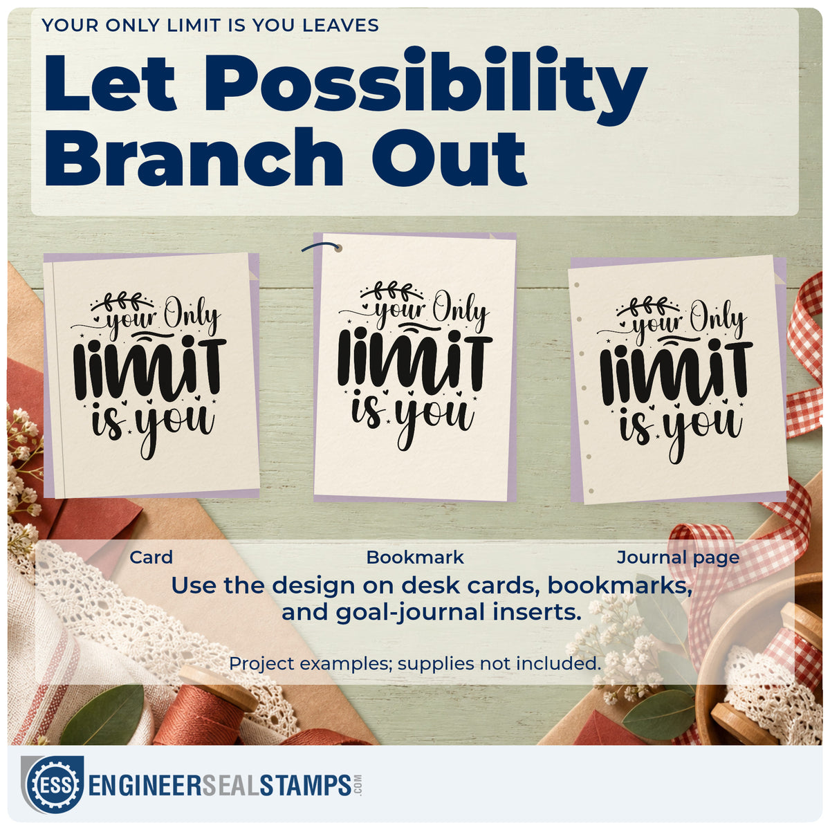 Three project examples made with the Your Only Limit Is You Botanical Sprig Stamp – Duo Hand, including skill ladder sheet.