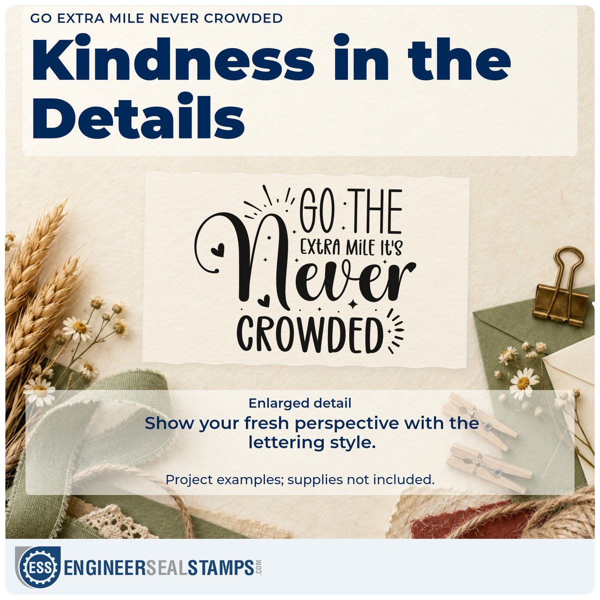 Enlarged detail of the Go Extra Mile Never Crowded Stamp – Wood Handle imprint. The phrase "Go the extra mile it's never crowded" appears in varied lettering with decorative rays.