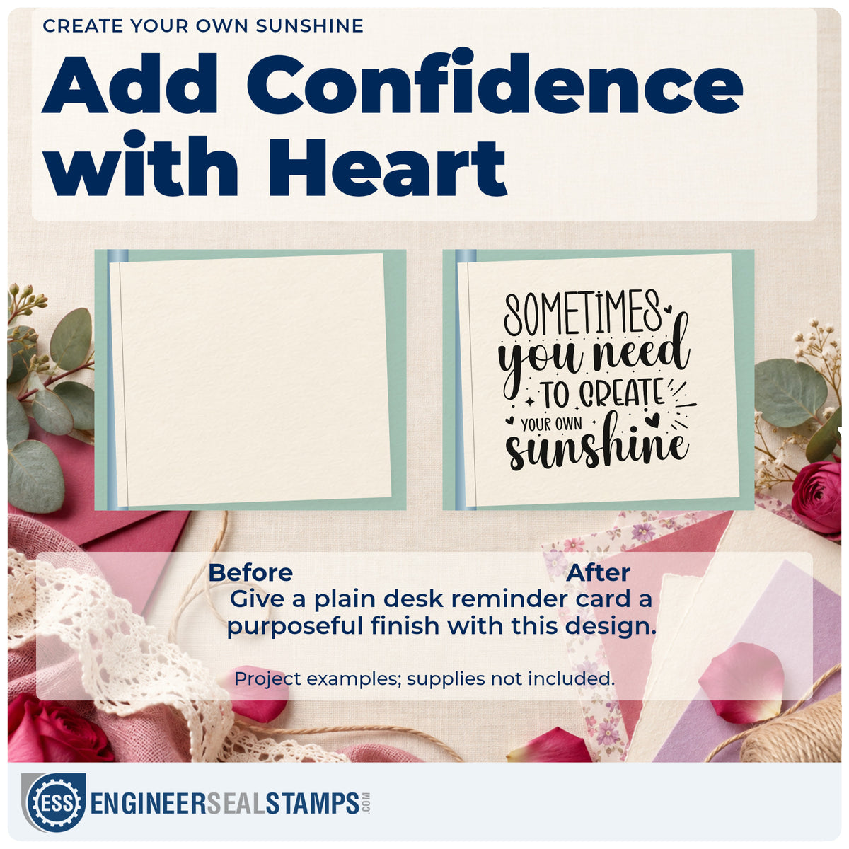 Before and after of a plain item finished with the Sometimes You Need To Create Your Own Sunshine Duo Hand Stamp, a quick upgrade for framed window seat.