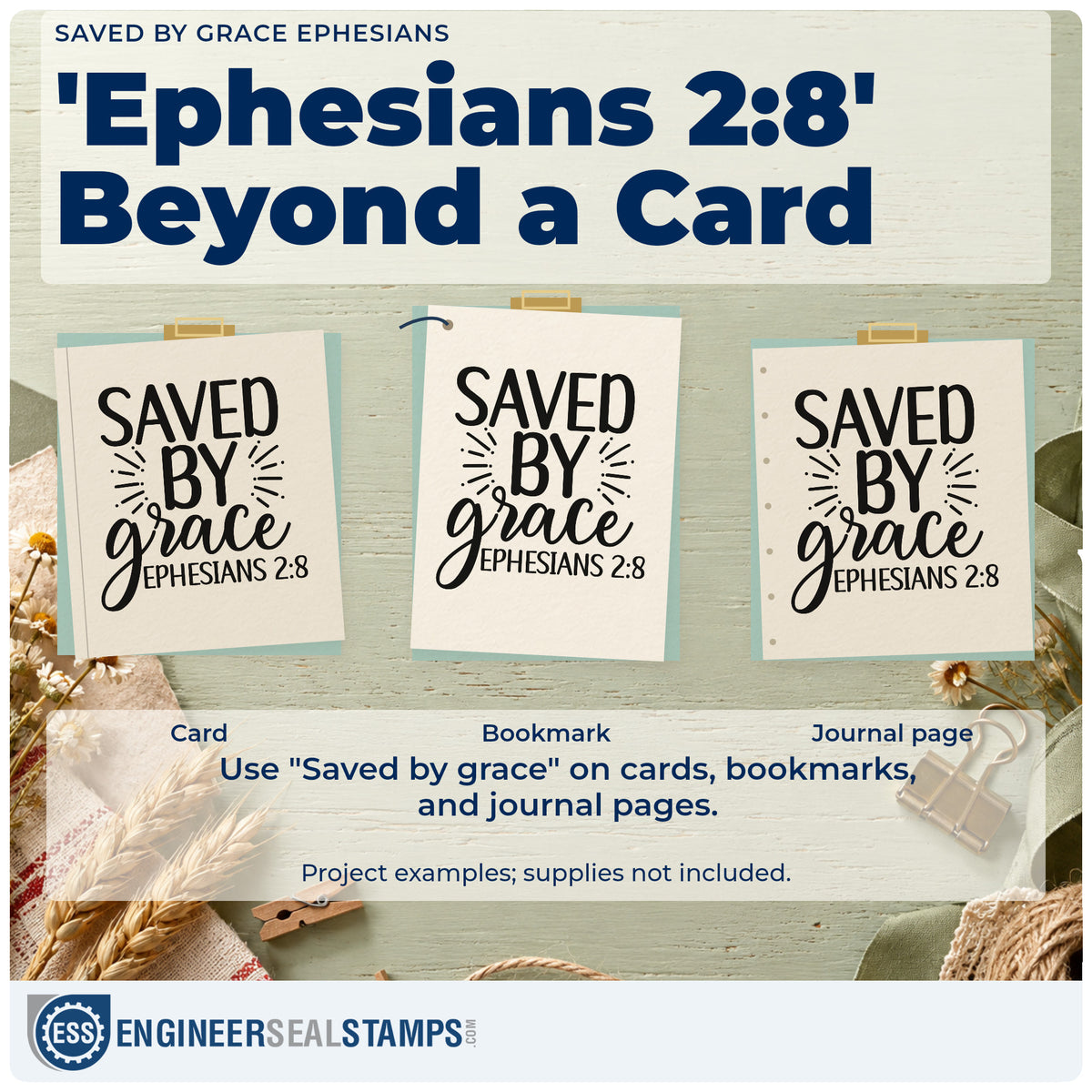 Three project examples made with the Saved By Grace Ephesians Pre-Inked Stamp – Slim, including greeter rota sheet.