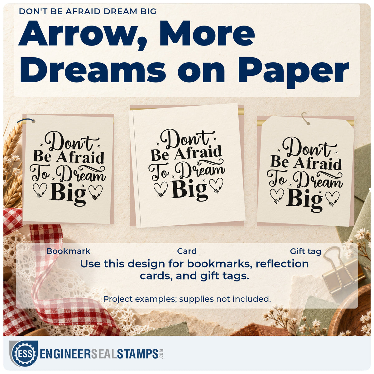Three project examples made with the Don't Be Afraid To Dream Big Premium Wood-Mounted Stamp – Vintage Pro, including stall plan sheet.
