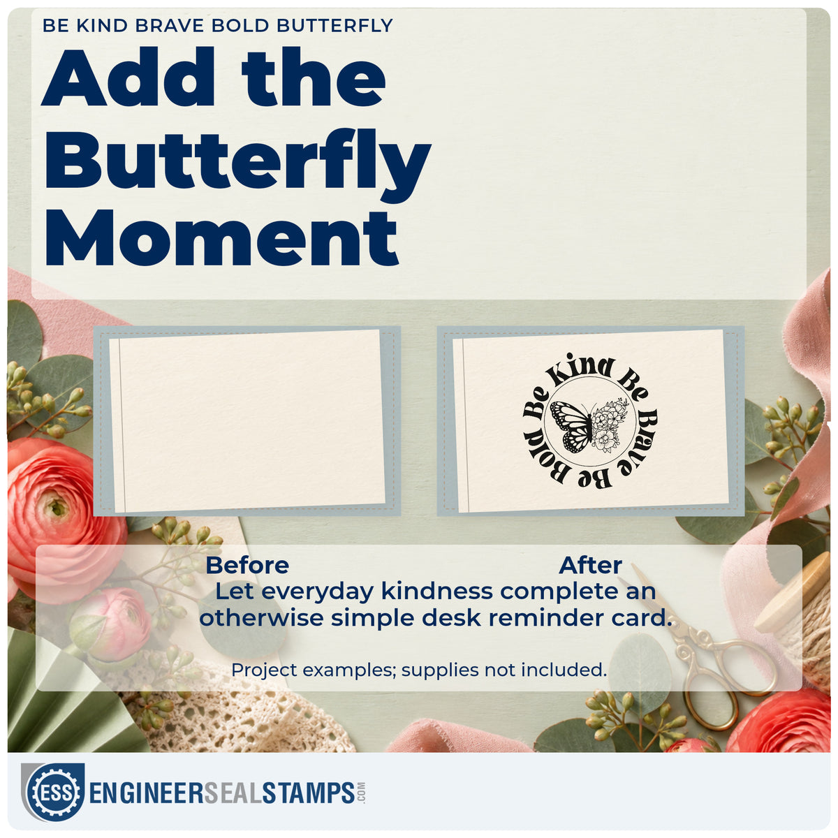 Before and after of a plain item finished with the Be Kind Brave Bold Butterfly Circular Layout Stamp – Wood Handle, a quick upgrade for framed club lab.