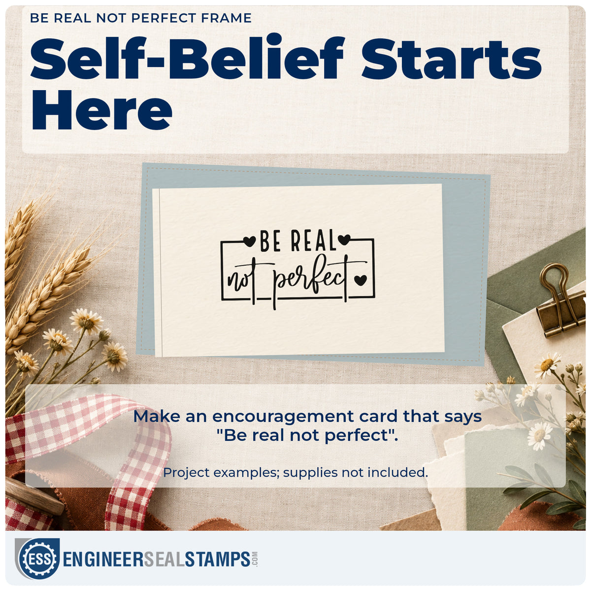 A finished handmade project stamped with the Be Real Not Perfect Frame Stamp – Self-Inking, ideal for group term album page.