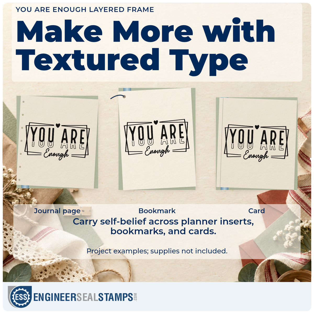 Three project examples made with the You Are Enough Layered Frame Rubber Stamp – Duo Hand, including week plan sheet.