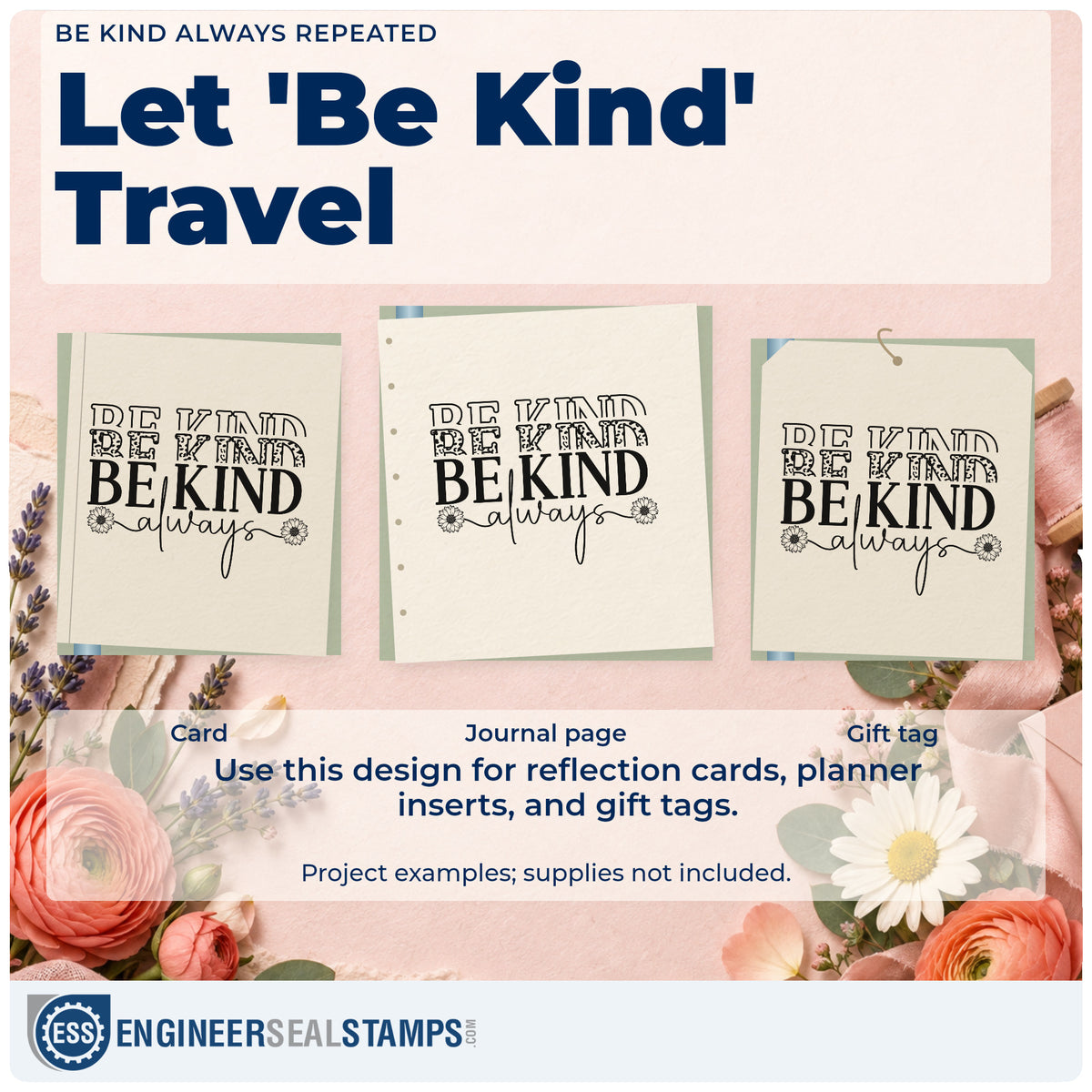 Three project examples made with the Be Kind Always Repeated Hand Stamp – Duo, including visit route sheet.
