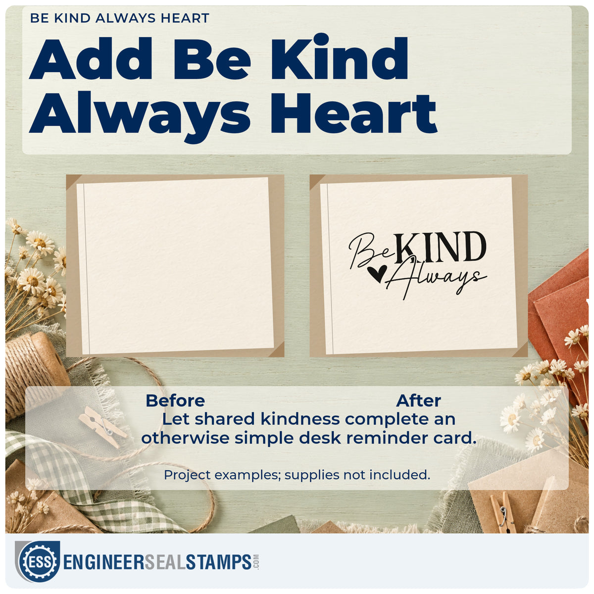 Before and after of a plain item finished with the Be Kind Always Stamp – Duo Hand, a quick upgrade for framed kitchen board.
