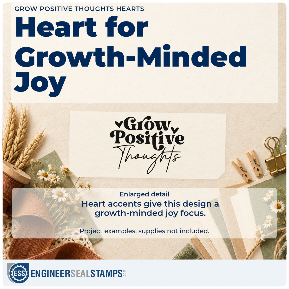 Enlarged detail of the Grow Positive Thoughts Hearts Hand Stamp – Duo imprint. Grow Positive Thoughts appears in bold and script lettering with hearts.