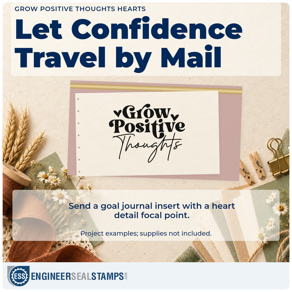 A finished handmade project stamped with the Vintage Pro Grow Positive Thoughts Hearts Premium Wooden Stamp, ideal for garden season album page.