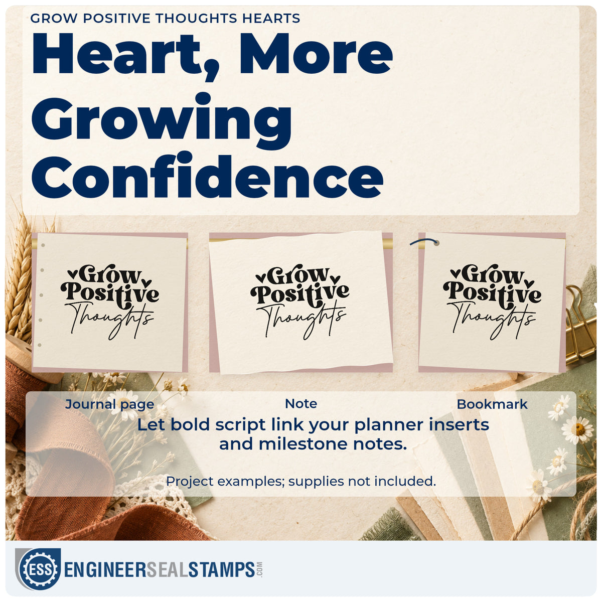 Three project examples made with the Grow Positive Thoughts Hearts Stamp – Self-Inking, including plot task sheet.