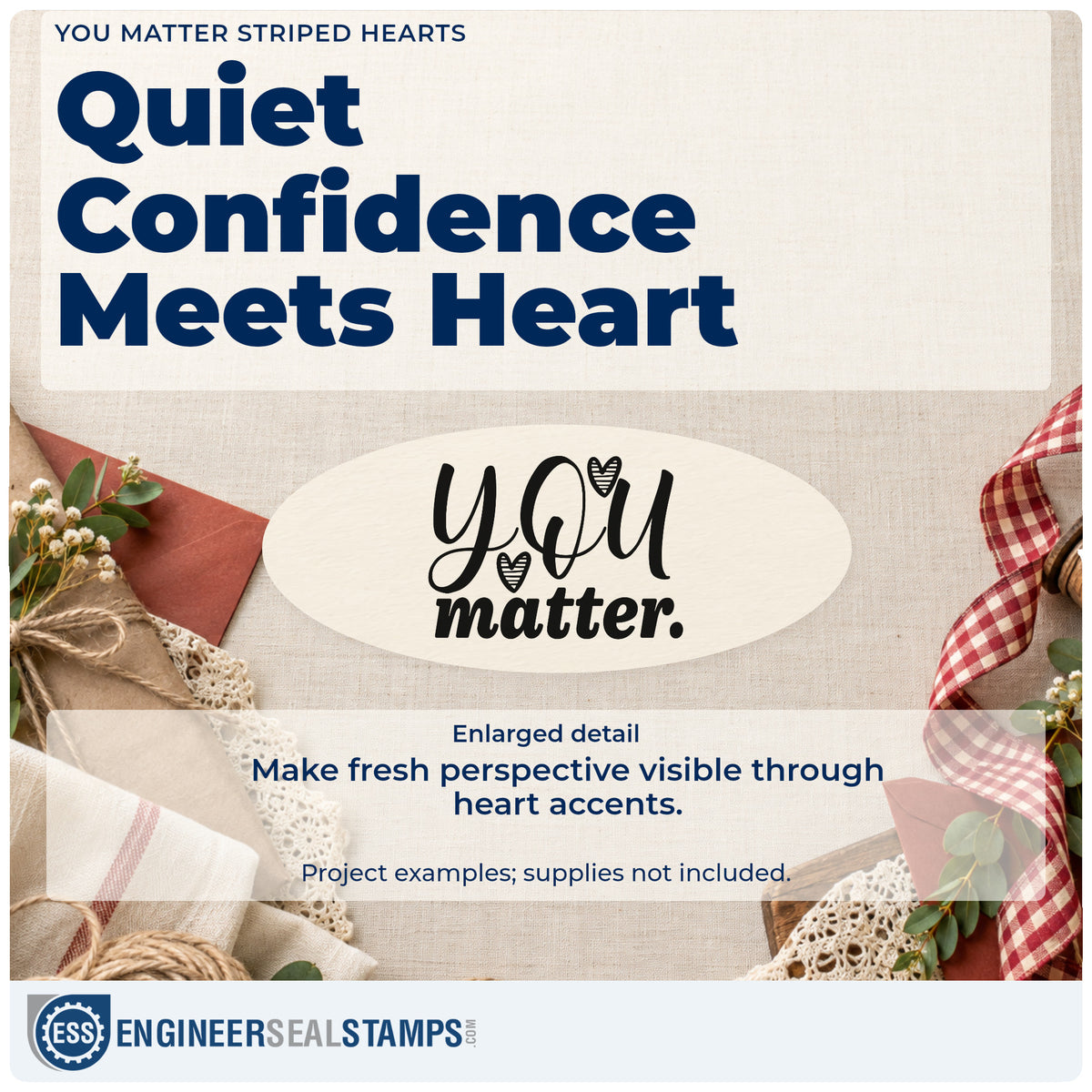 Enlarged detail of the You Matter Striped Hearts Premium Wood-Mounted Stamp – Vintage Pro imprint. YOU matter appears with two striped hearts tucked into the lettering.