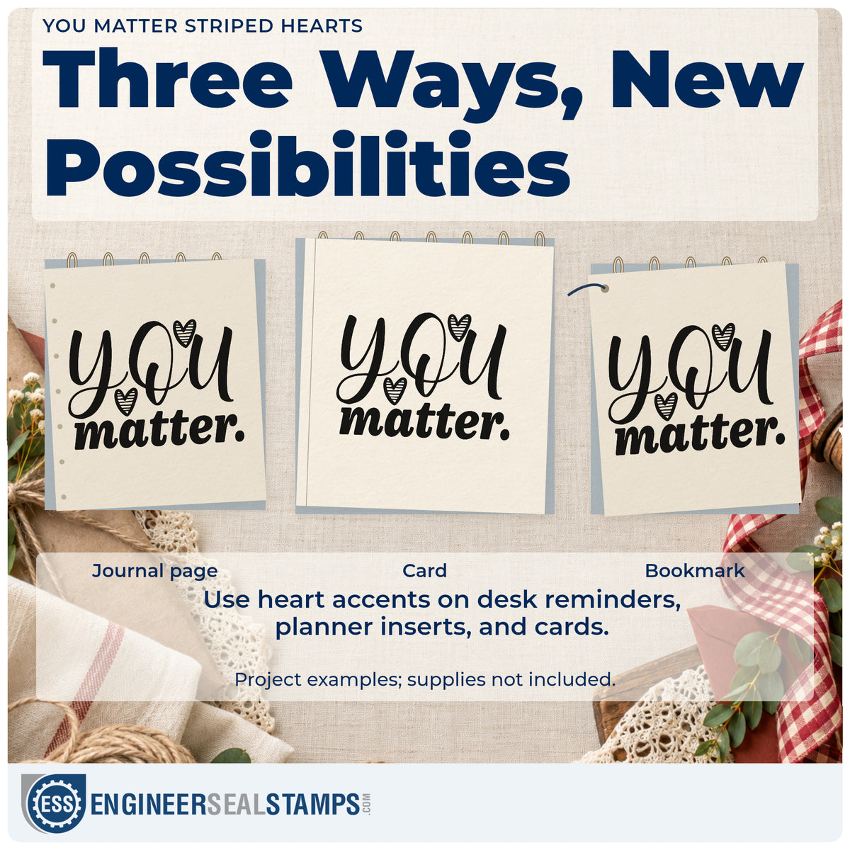 Three project examples made with the You Matter Striped Hearts Pre-Inked Stamp – Slim, including meeting topic sheet.