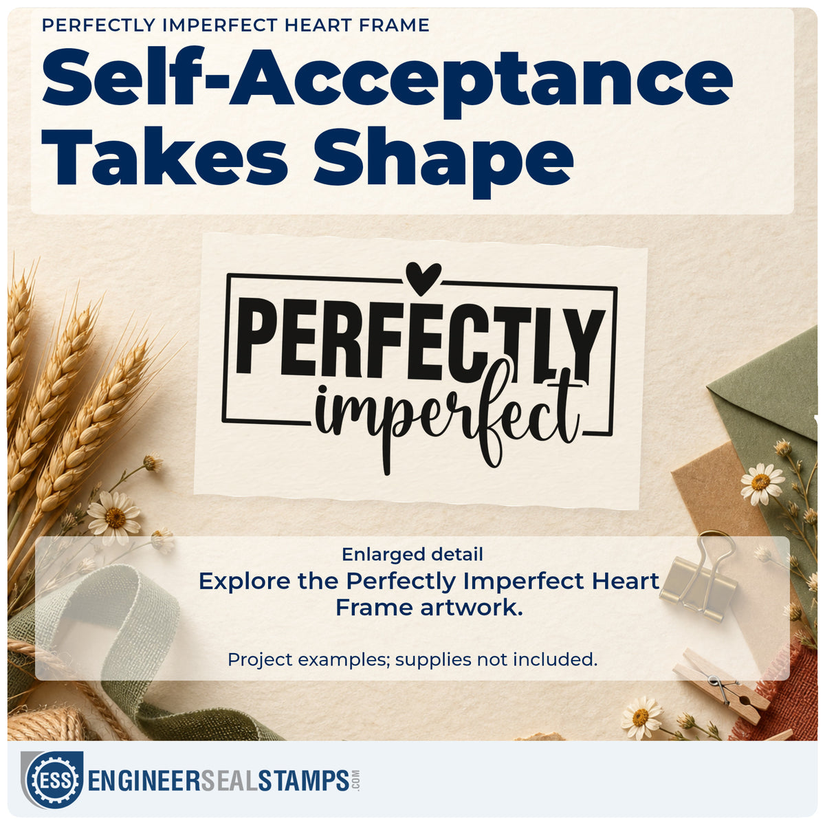 Enlarged detail of the Perfectly Imperfect Heart Framed Lettering Pre-Inked Stamp – PSI imprint. PERFECTLY imperfect appears within a rectangular outline topped by a heart.