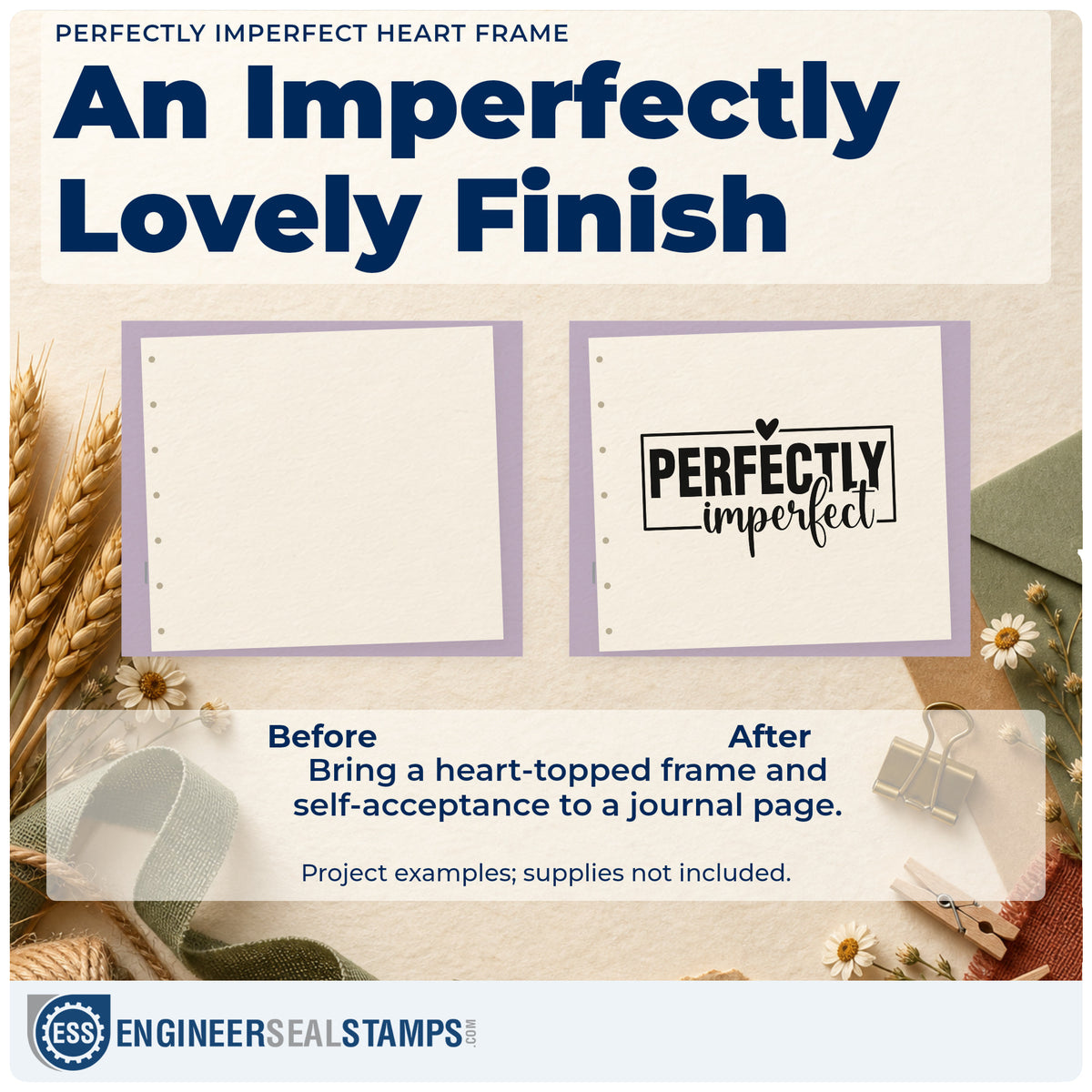 Before and after of a plain item finished with the Perfectly Imperfect Heart Framed Lettering Rubber Stamp – Duo Hand, a quick upgrade for framed paint table.