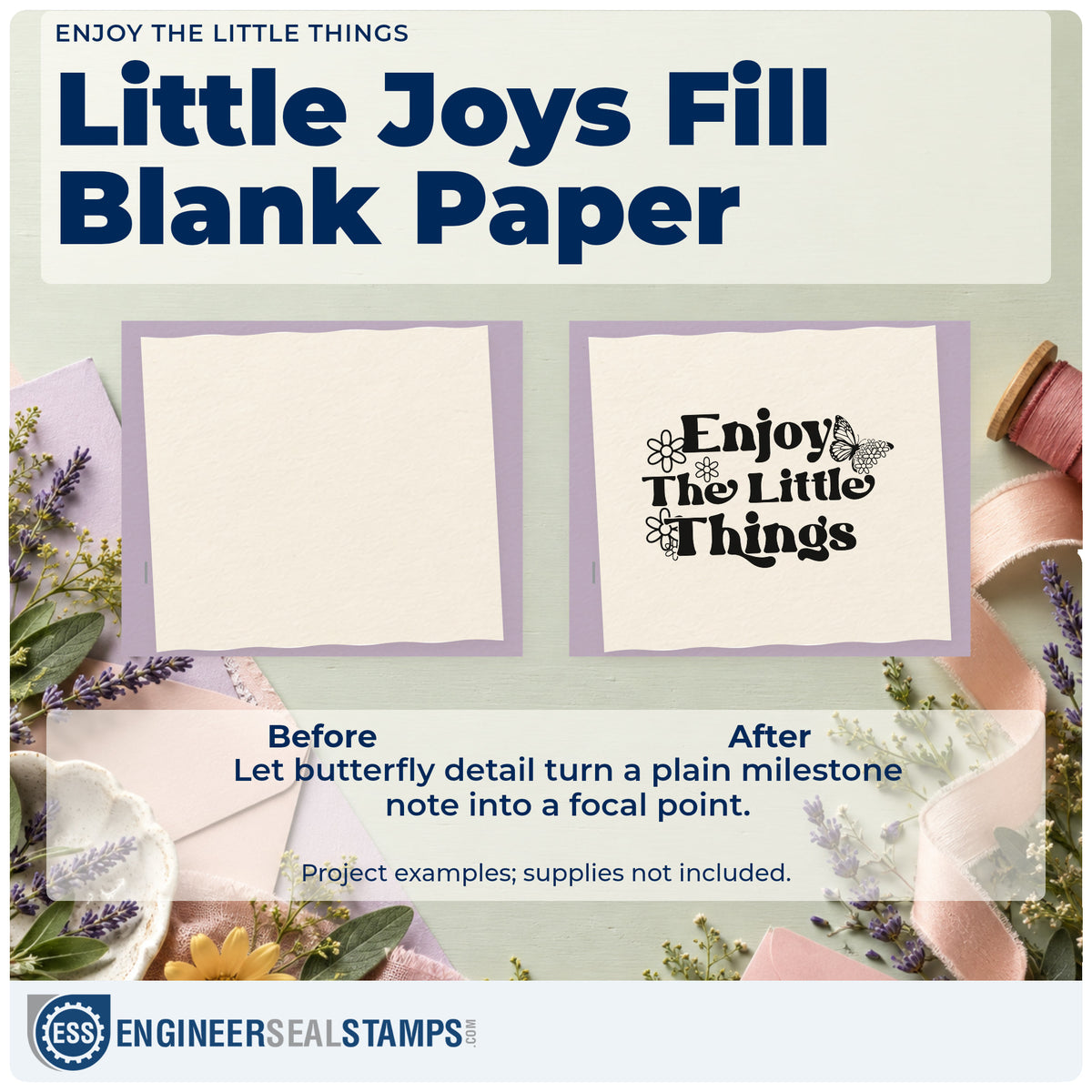 Before and after of a plain item finished with the Enjoy The Little Things Butterfly Pre-Inked Stamp – Slim, a quick upgrade for framed counter back.