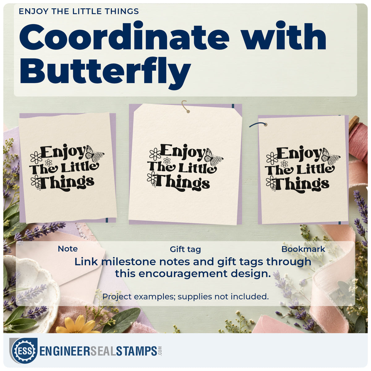 Three project examples made with the Enjoy The Little Things Butterfly Hand Stamp – Duo, including booking day sheet.