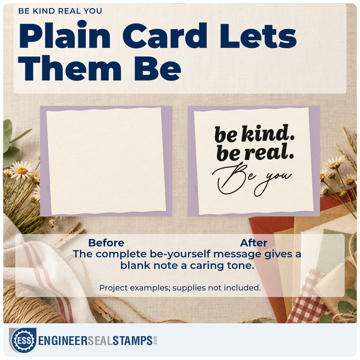 Before and after of a plain item finished with the Be Kind Real You Script Lettering Premium Wooden Stamp – Vintage Pro, a quick upgrade for framed classroom door.