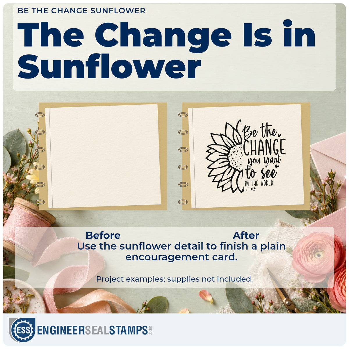 Before and after of a plain item finished with the Be The Change Sunflower Premium Wood-Mounted Stamp – Vintage Pro, a quick upgrade for framed school office.